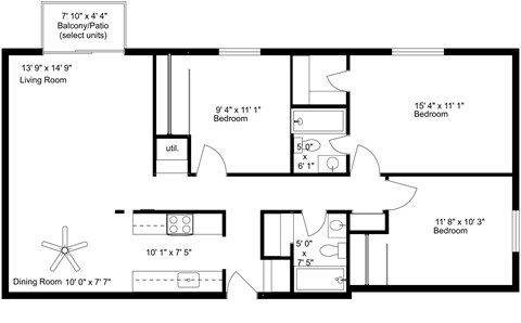 Floor plan for 3 beds, 2 baths, 1160 sqft